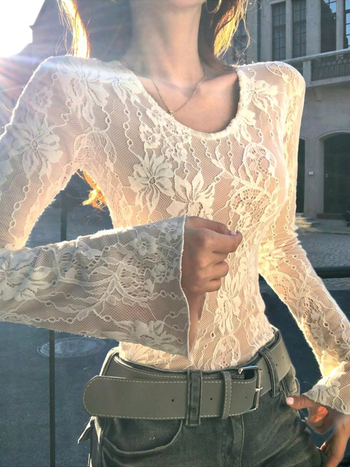 Дамски Slim-fit топ с дантелен плетен модел, дълъг ръкав, кръгло деколте, за есенно-зимния сезон