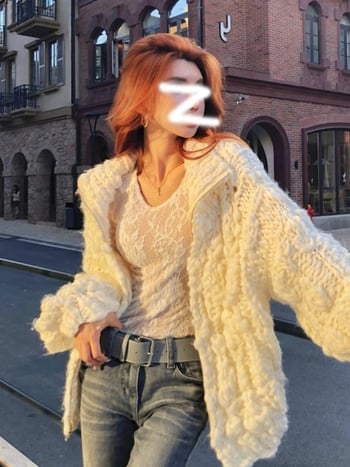 Дамски Slim-fit топ с дантелен плетен модел, дълъг ръкав, кръгло деколте, за есенно-зимния сезон