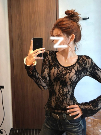 Дамски Slim-fit топ с дантелен плетен модел, дълъг ръкав, кръгло деколте, за есенно-зимния сезон