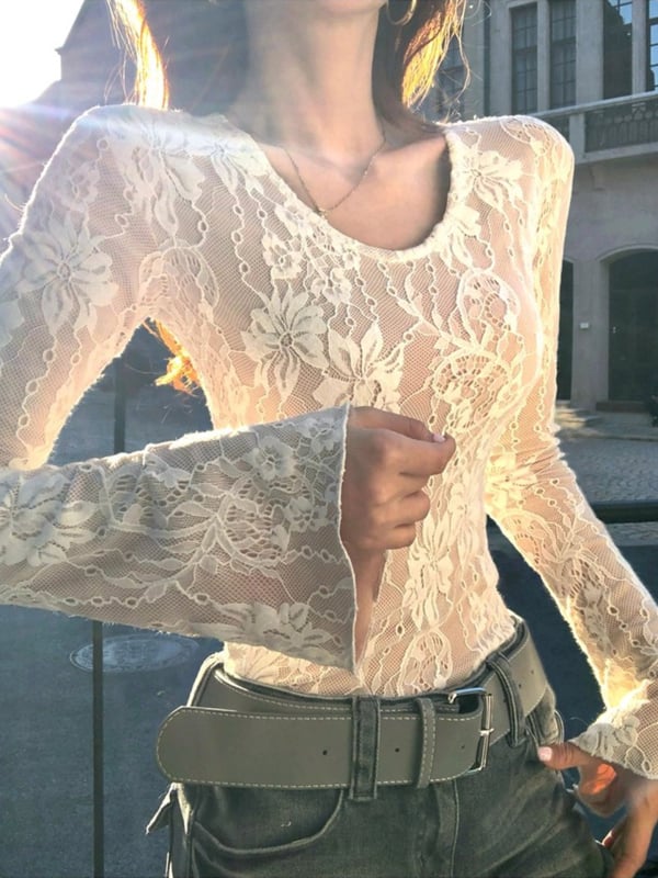 Дамски Slim-fit топ с дантелен плетен модел, дълъг ръкав, кръгло деколте, за есенно-зимния сезон