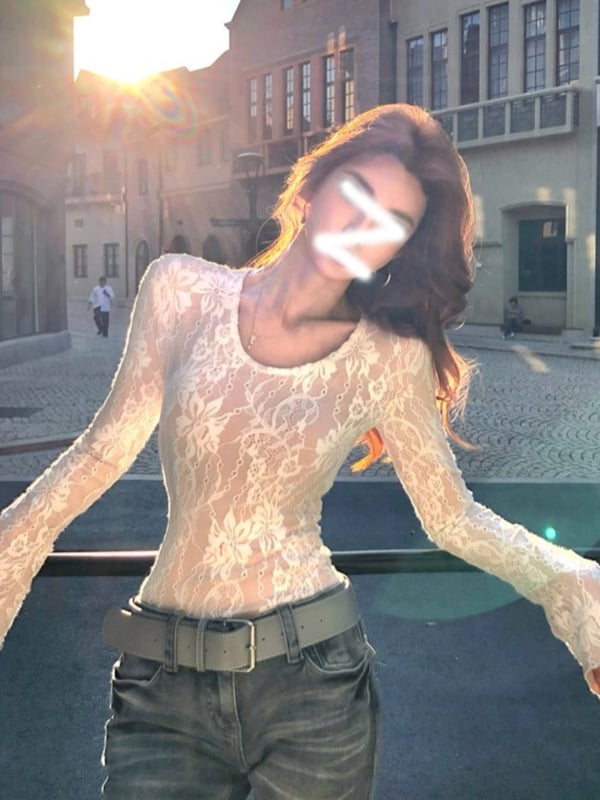 Дамски Slim-fit топ с дантелен плетен модел, дълъг ръкав, кръгло деколте, за есенно-зимния сезон