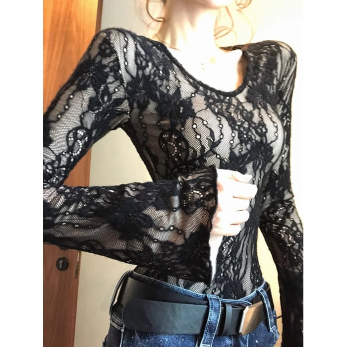 Дамски Slim-fit топ с дантелен плетен модел, дълъг ръкав, кръгло деколте, за есенно-зимния сезон