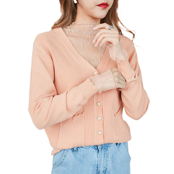 Top od modalne mreže s čipkom, stojeći ovratnik, dugi rukav, apstraktan uzorak, A-linijski kroj