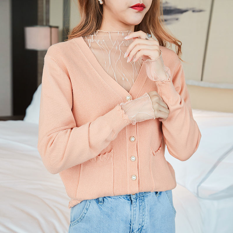 Top od modalne mreže s čipkom, stojeći ovratnik, dugi rukav, apstraktan uzorak, A-linijski kroj