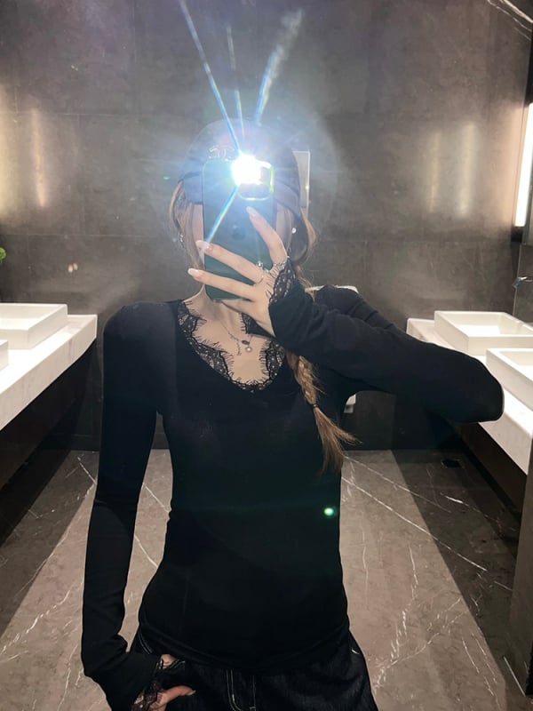 Тениска с V-образно деколте, Slim Fit, дълъг ръкав, японско-корейски ежедневен стил