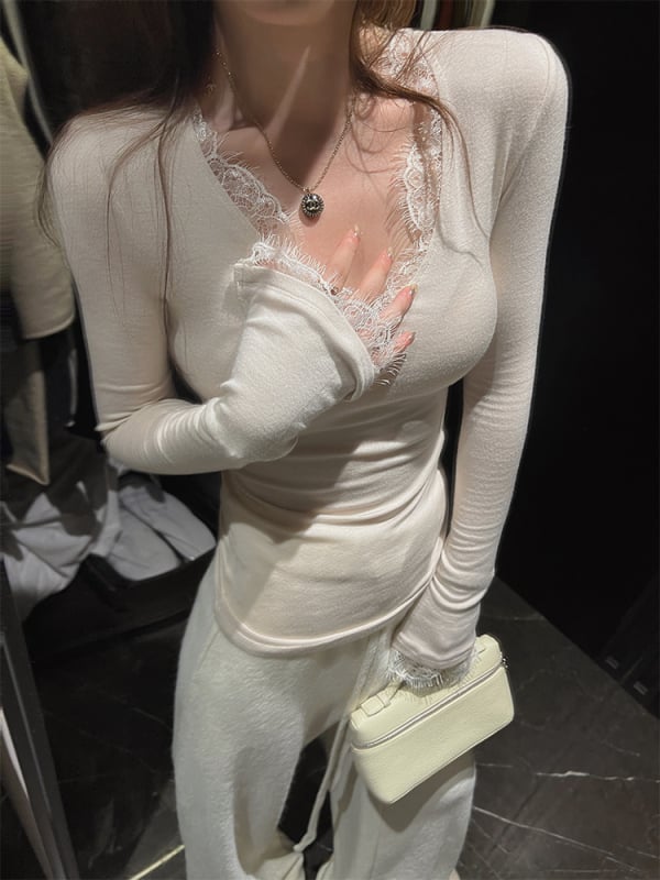 Тениска с V-образно деколте, Slim Fit, дълъг ръкав, японско-корейски ежедневен стил