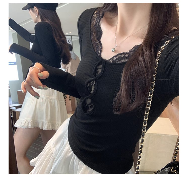 Слим фит полиестрова Т‑шърт с изрязана дантела и панели, дълги ръкави, V‑образно деколте