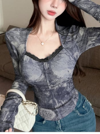 Oversize топ с квадратно деколте, принтована дантела, дълги ръкави, полиестер