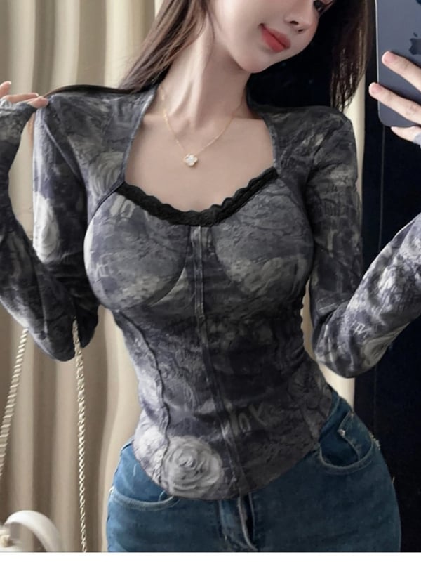 Oversize топ с квадратно деколте, принтована дантела, дълги ръкави, полиестер