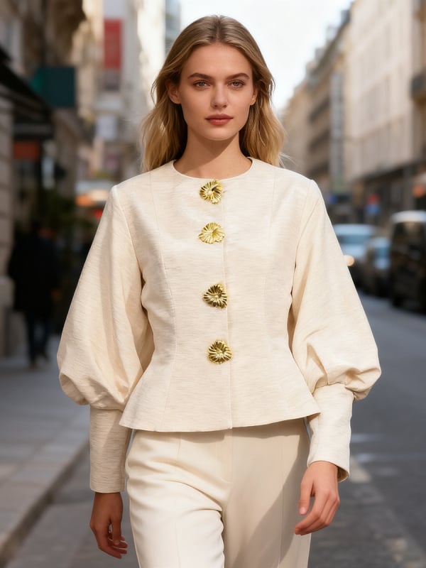 Топ с ръкави фенер, кръгло деколте, стил кардиган, средна дължина, полиестер 50–70%