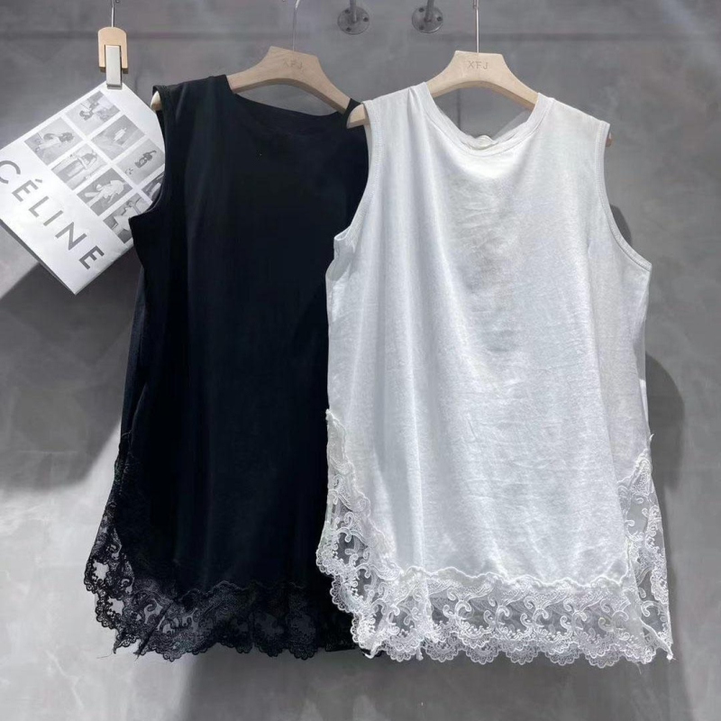 Plus-size bezrukavni T-shirt s čipkastim rubom za ljetno slojevito nošenje, srednja duljina, slobodan kroj, za žene
