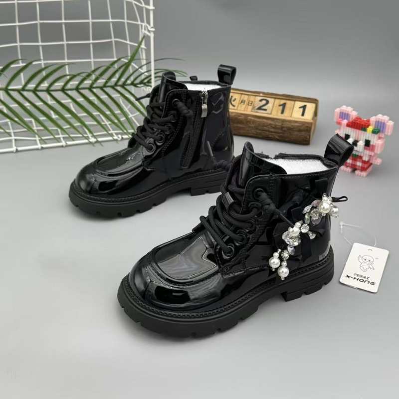 Dječje martinske gležnjače od velura s mašnicom i perlama, kratke cipele za princezu, jesen-zima 2025