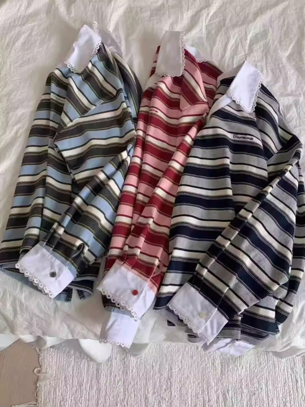 Ženski pamučni T-shirt s V izrezom, prugasti, dugi rukavi, udoban slobodan kroj, standardna duljina, korejski stil