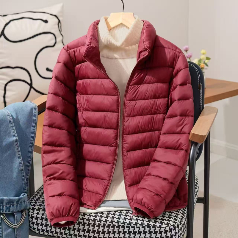 Dámska bavlnená vyplnená bunda, ultra krátka dĺžka, golier polo, chenille tkanina, výplň bavlna