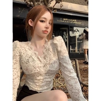 Čipkasti ženski top za slojevito nošenje s V-izrezom i dugim rukavima, poliester i pamuk