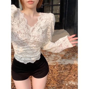 Čipkasti ženski top za slojevito nošenje s V-izrezom i dugim rukavima, poliester i pamuk
