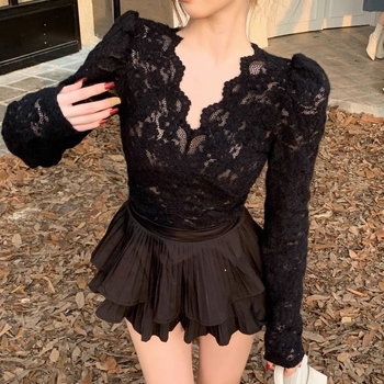 Čipkasti ženski top za slojevito nošenje s V-izrezom i dugim rukavima, poliester i pamuk