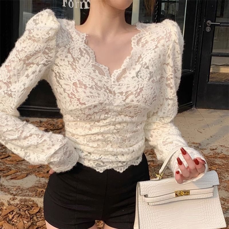 Čipkasti ženski top za slojevito nošenje s V-izrezom i dugim rukavima, poliester i pamuk