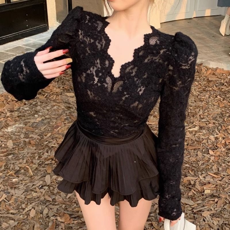 Čipkasti ženski top za slojevito nošenje s V-izrezom i dugim rukavima, poliester i pamuk