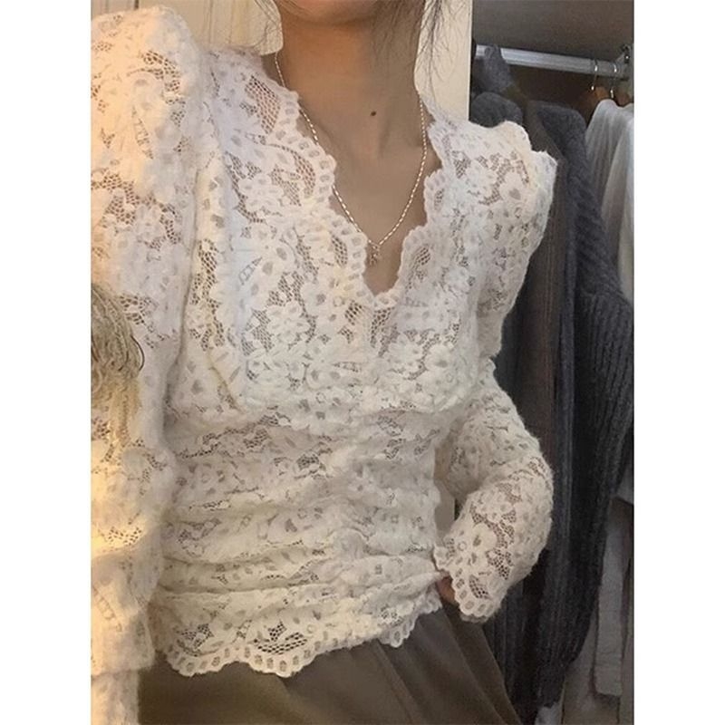 Čipkasti ženski top za slojevito nošenje s V-izrezom i dugim rukavima, poliester i pamuk