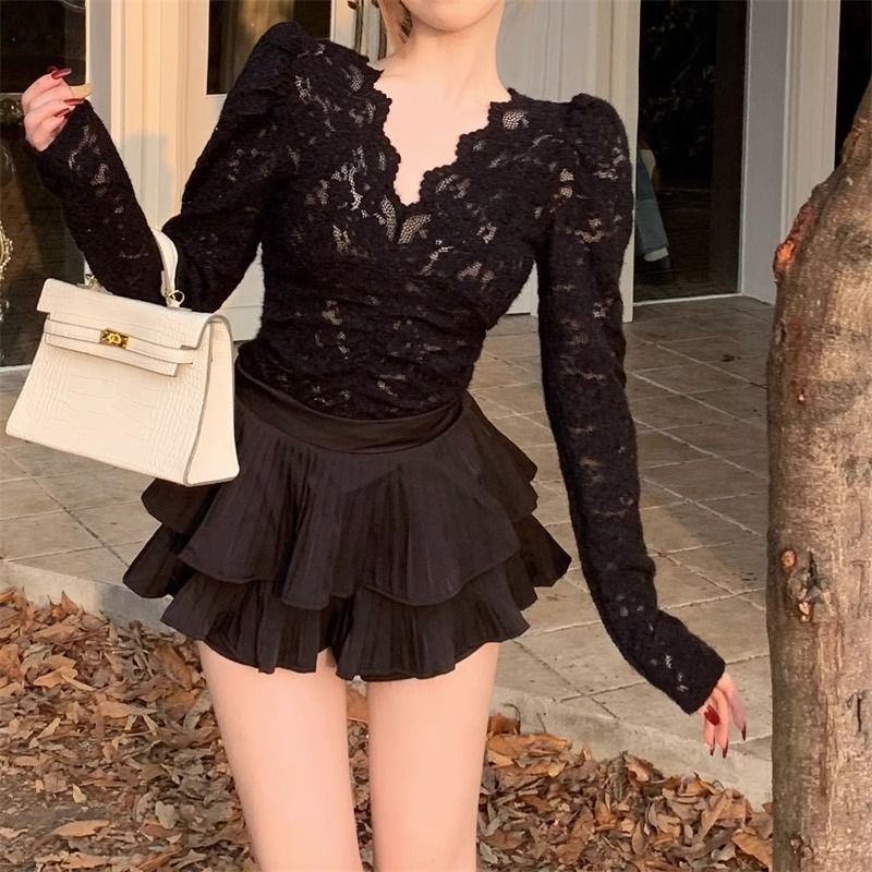 Čipkasti ženski top za slojevito nošenje s V-izrezom i dugim rukavima, poliester i pamuk