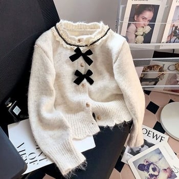 Cardigan u francuskom stilu s mašnicom, mekani pleteni top za žene, okrugli izrez i čipkasti rub, jesen-zima