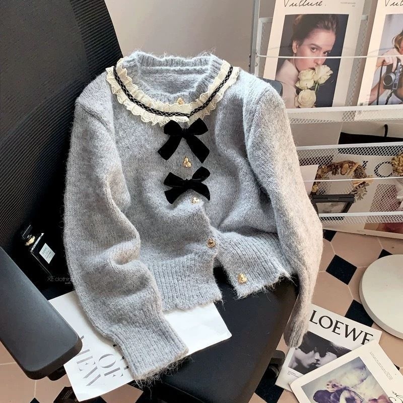 Cardigan u francuskom stilu s mašnicom, mekani pleteni top za žene, okrugli izrez i čipkasti rub, jesen-zima