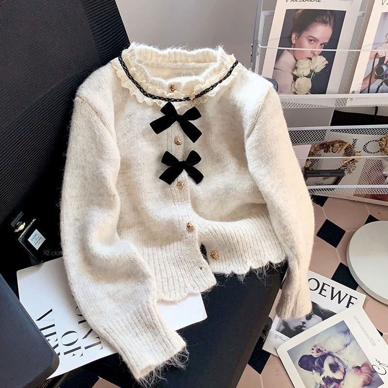 Cardigan u francuskom stilu s mašnicom, mekani pleteni top za žene, okrugli izrez i čipkasti rub, jesen-zima