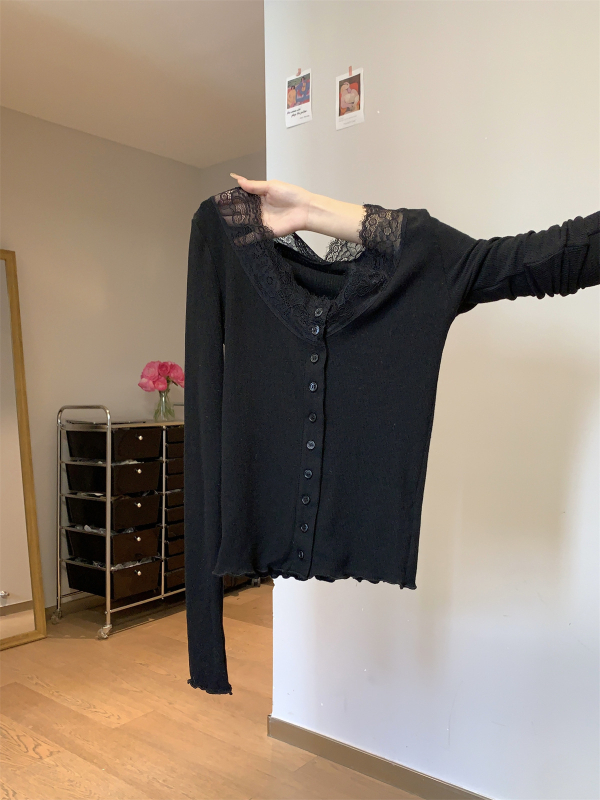 Ženski kardigan‑T‑majica u korejskom stilu s čipkastim rubom, dugi rukavi, V‑izrez, pamuk/elastan mješavina, slim fit