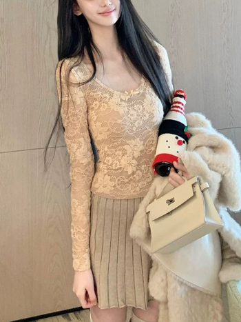 Muse Like a Dream Elegantna majica s čipkom i mašnicom, U izrez, dugi rukavi, poliester, slim fit