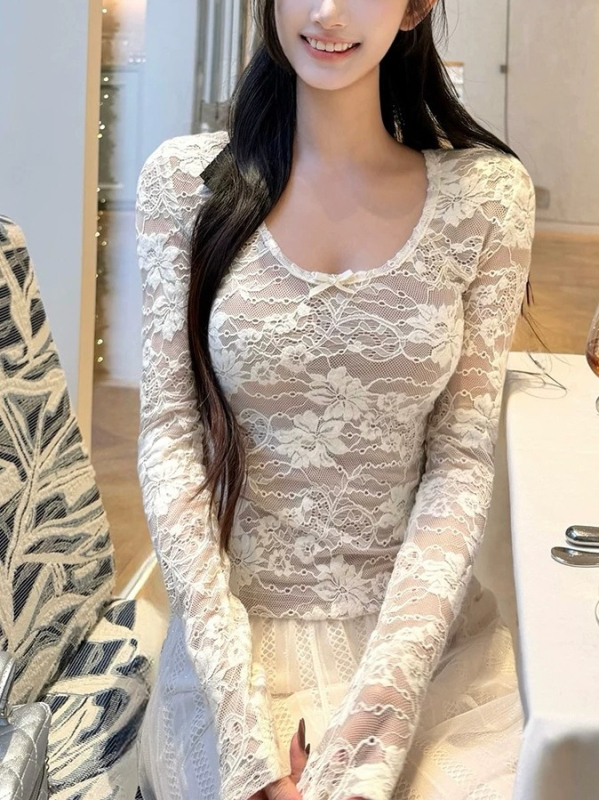 Muse Like a Dream Elegantna majica s čipkom i mašnicom, U izrez, dugi rukavi, poliester, slim fit