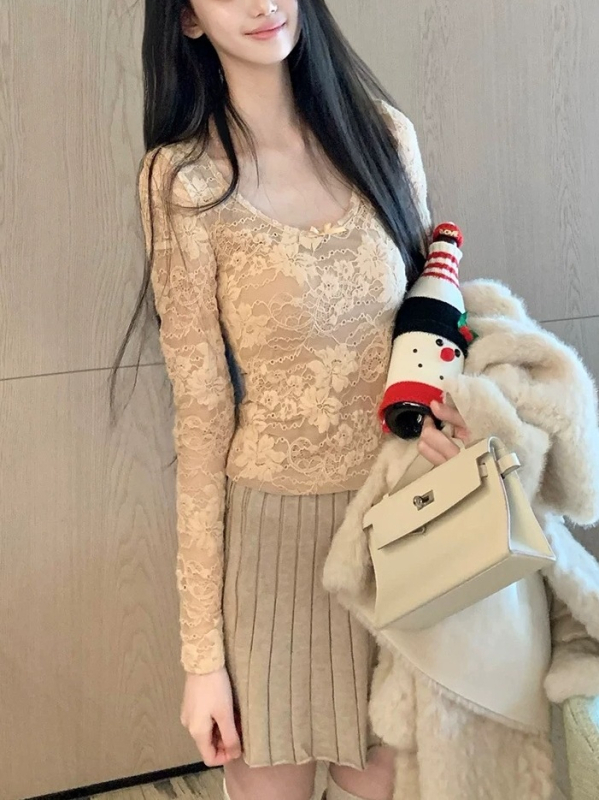 Muse Like a Dream Elegantna majica s čipkom i mašnicom, U izrez, dugi rukavi, poliester, slim fit