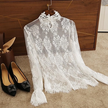 Čipkasta osnavna bluza za žene, prince stil, polu-visoka ovratnica, izvezeno, mrežna podstava, Chenille tkanina, 90–95% spandex