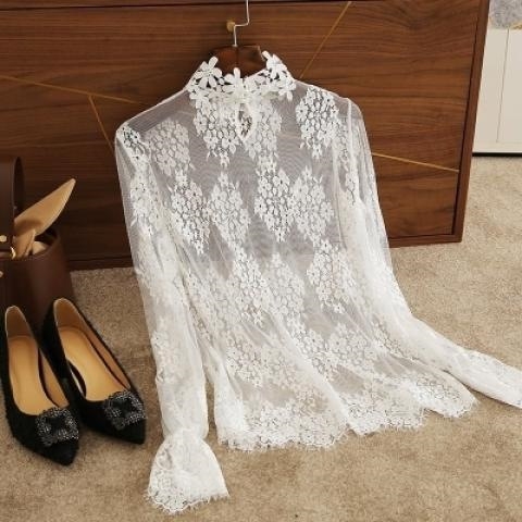 Čipkasta osnavna bluza za žene, prince stil, polu-visoka ovratnica, izvezeno, mrežna podstava, Chenille tkanina, 90–95% spandex