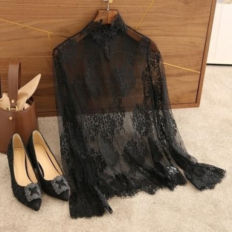Čipkasta osnavna bluza za žene, prince stil, polu-visoka ovratnica, izvezeno, mrežna podstava, Chenille tkanina, 90–95% spandex