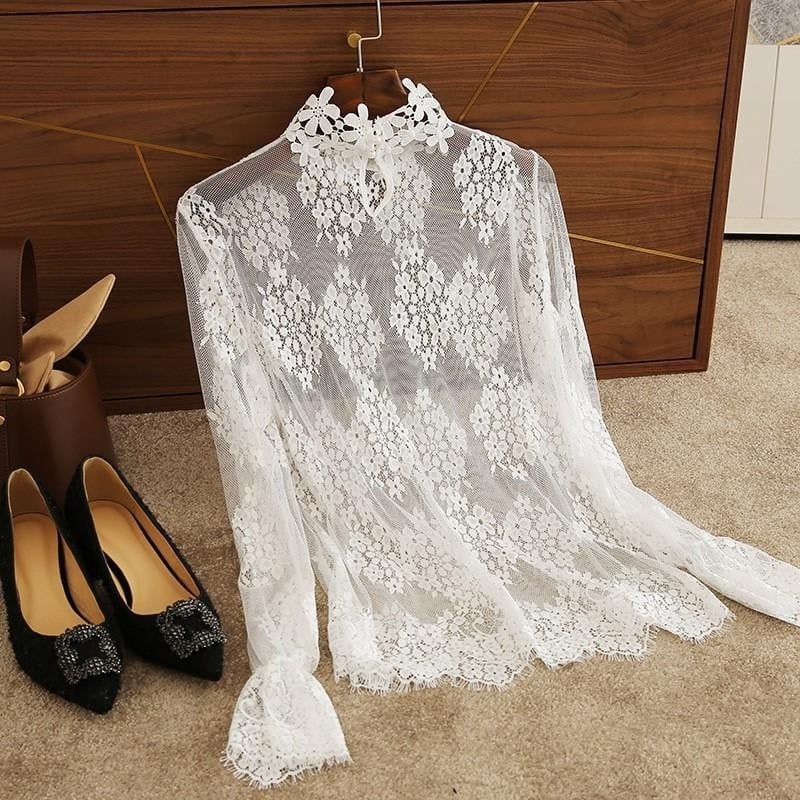 Čipkasta osnavna bluza za žene, prince stil, polu-visoka ovratnica, izvezeno, mrežna podstava, Chenille tkanina, 90–95% spandex