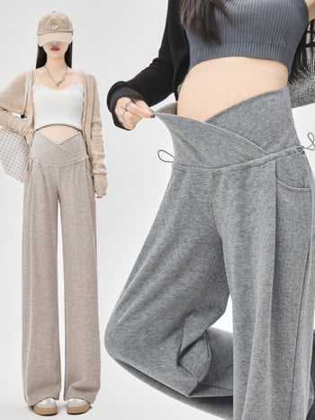 Панталони за бременни - широк крак, ниска талия, подпора за корема, памучно-смесена материя, за всички сезони