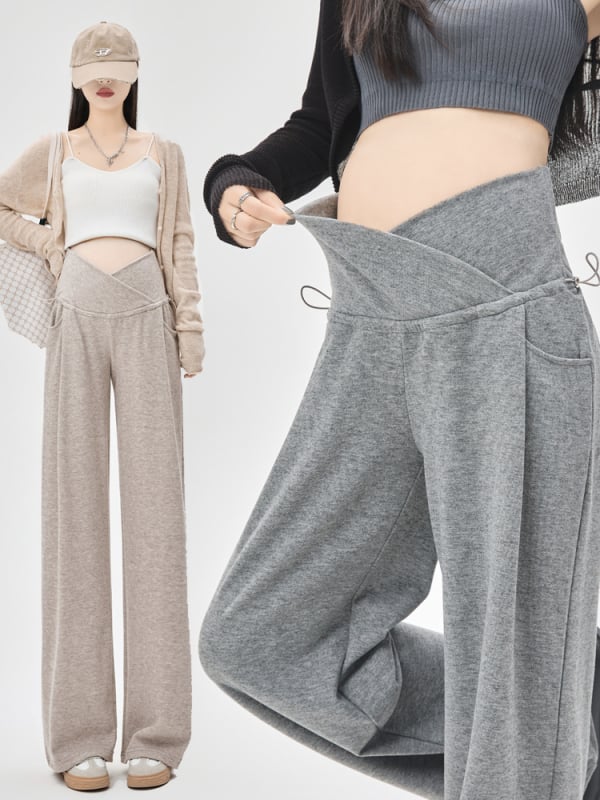 Панталони за бременни - широк крак, ниска талия, подпора за корема, памучно-смесена материя, за всички сезони