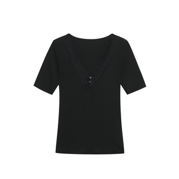 Tricou cu decolteu în V, dantelă și detaliu colaj, mâneci scurte, croială slim, poliester