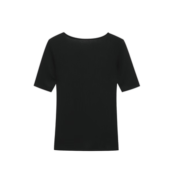 Tricou cu decolteu în V, dantelă și detaliu colaj, mâneci scurte, croială slim, poliester