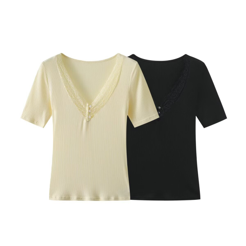 Tricou cu decolteu în V, dantelă și detaliu colaj, mâneci scurte, croială slim, poliester