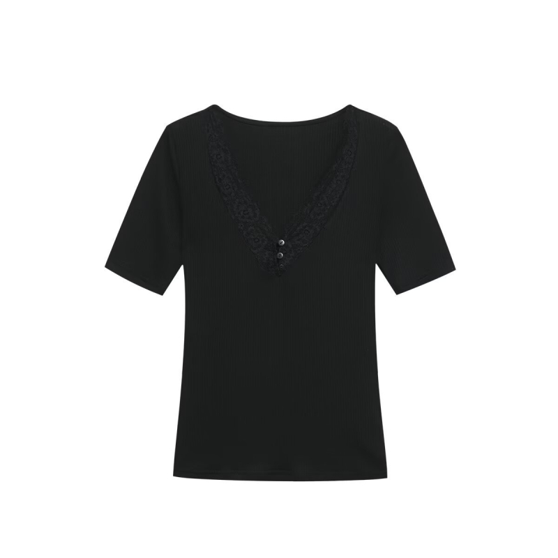 Tricou cu decolteu în V, dantelă și detaliu colaj, mâneci scurte, croială slim, poliester