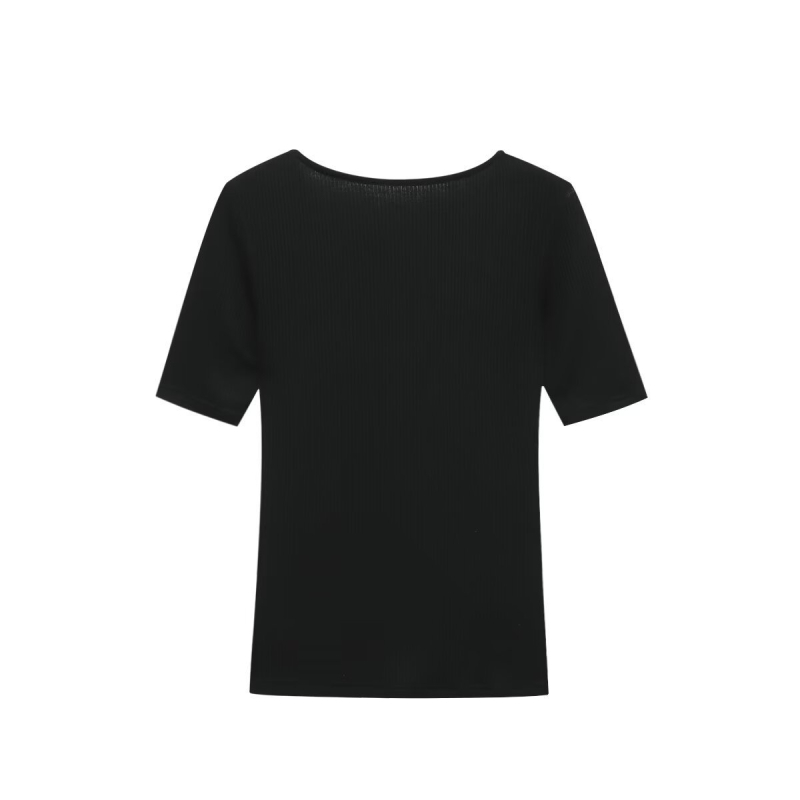 Tricou cu decolteu în V, dantelă și detaliu colaj, mâneci scurte, croială slim, poliester