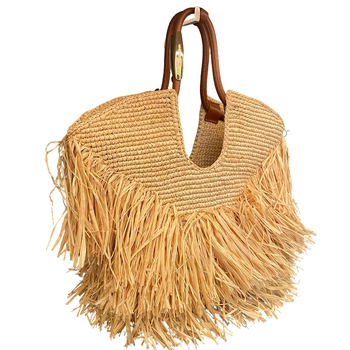 Geantă împletită din paie cu ciucuri, în stil street fashion – geantă tote/umerare pentru femei, vară 2025 (Stil: Street fashion; Material: Material textil; Închidere: Fermouar; Captușeală: Poliester; Curele: Două)
