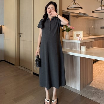 Бременска рокля с поло яка, бродерия, ръкави 3/4, памук-еластанова смес, отвори за кърмене