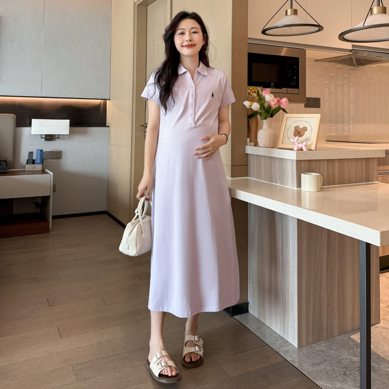 Бременска рокля с поло яка, бродерия, ръкави 3/4, памук-еластанова смес, отвори за кърмене