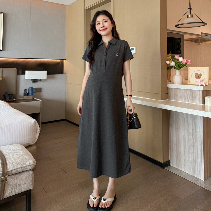 Бременска рокля с поло яка, бродерия, ръкави 3/4, памук-еластанова смес, отвори за кърмене