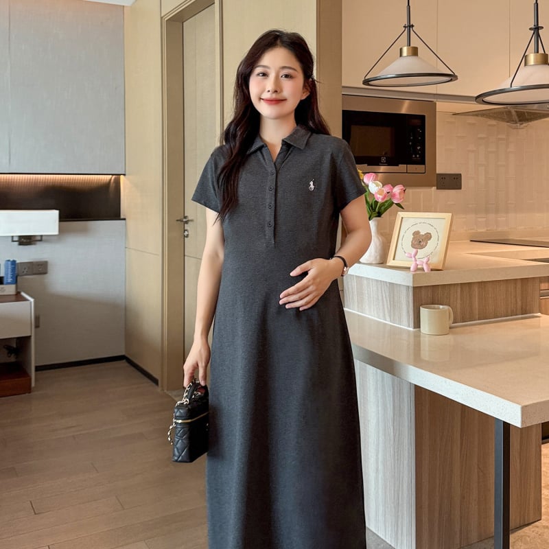 Бременска рокля с поло яка, бродерия, ръкави 3/4, памук-еластанова смес, отвори за кърмене