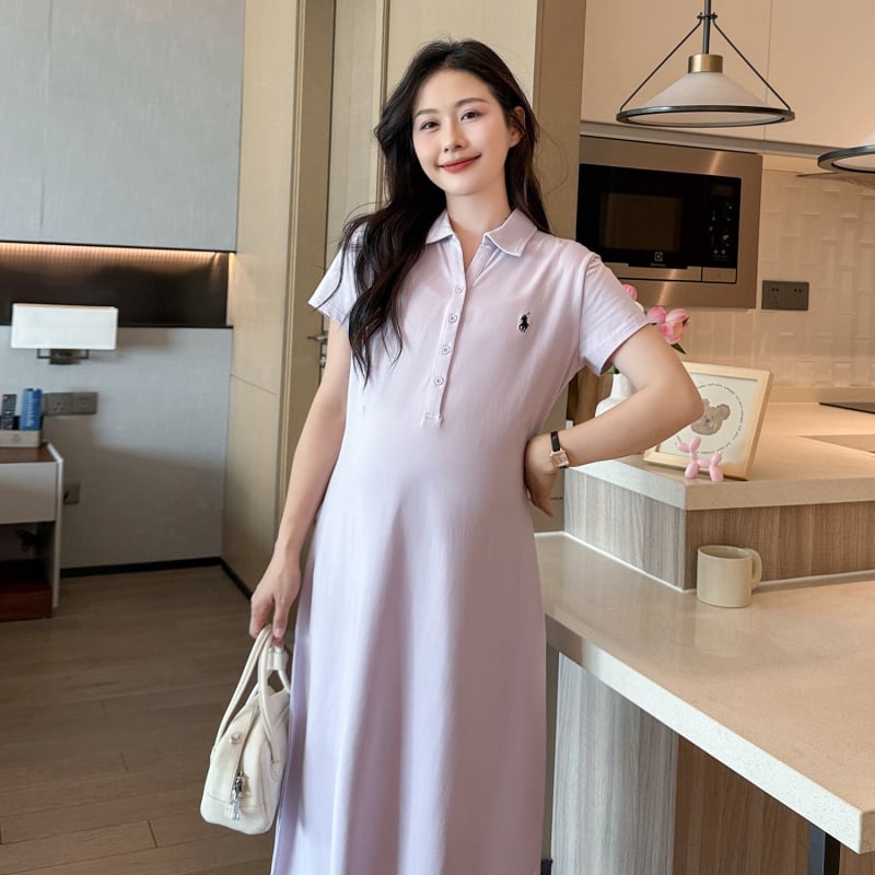 Бременска рокля с поло яка, бродерия, ръкави 3/4, памук-еластанова смес, отвори за кърмене