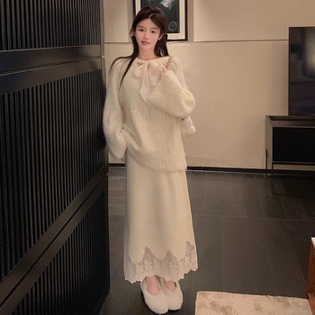Комплект за бременни: ченилен пуловер и дантелена пола, есенно-зимно, дълги ръкави, моден стил: японско-корейски свободен стил, свободен силует, две части